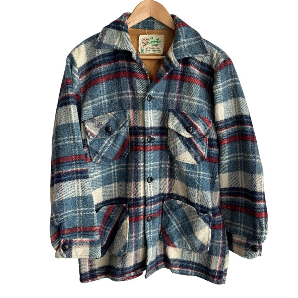 Vintage 60s 70s Caribou Coat Plaid Wool Jacket Shacket Button Up Mens M Womens L